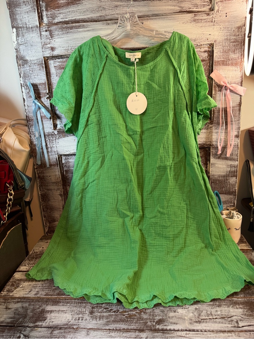 Umgee Bright Green Short-Sleeve Eyelet Midi Dress